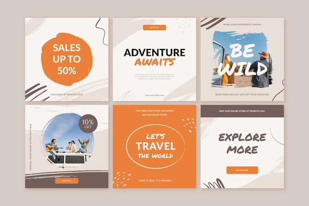 Free vector hand drawn adventure instagram posts collection with photo