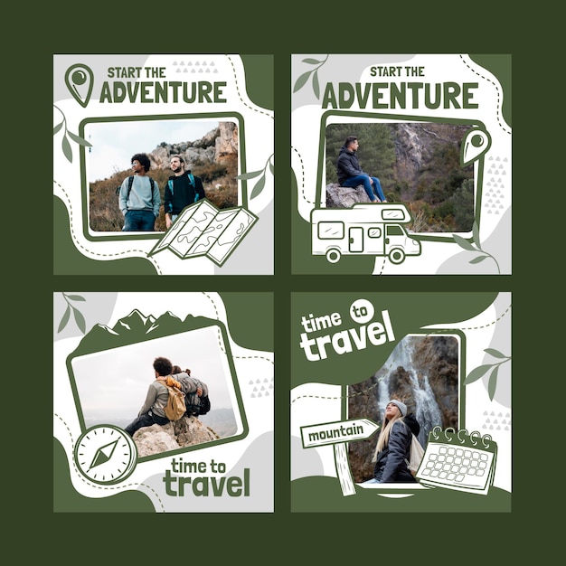 Free vector hand drawn adventure instagram posts collection with photo