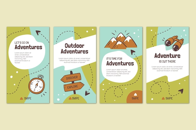 Free vector hand drawn adventure instagram stories collection