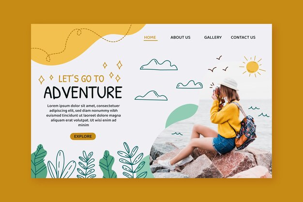 写真付き手描きアドベンチャーランディングページテンプレート