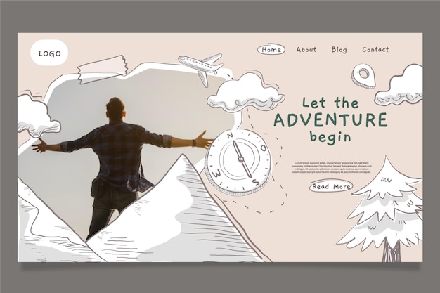 Hand drawn adventure landing page template with photo