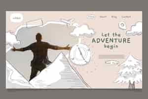 Vettore gratuito modello di pagina di destinazione dell'avventura disegnato a mano con foto