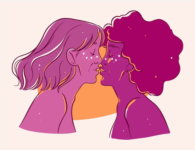 Hand drawn affectionate lesbian kiss