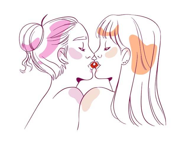 Hand drawn affectionate lesbian kiss