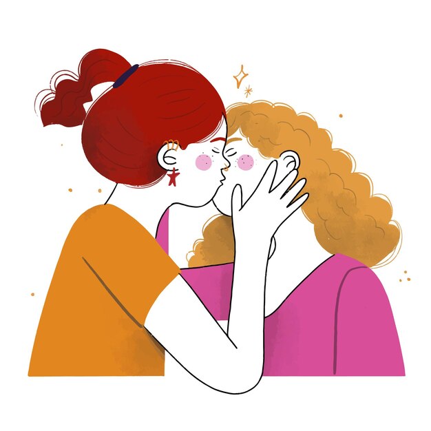 手描きの愛情のこもったレズビアンのキス