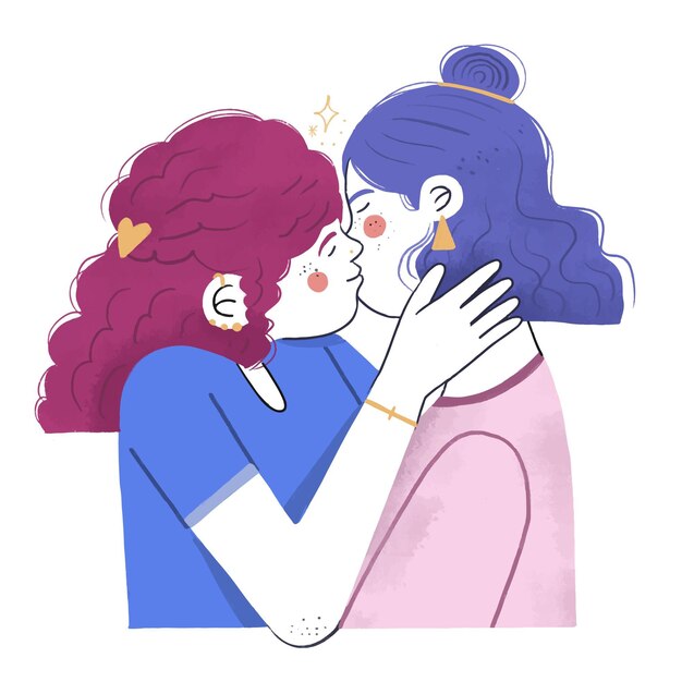 手描きの愛情のこもったレズビアンのキス