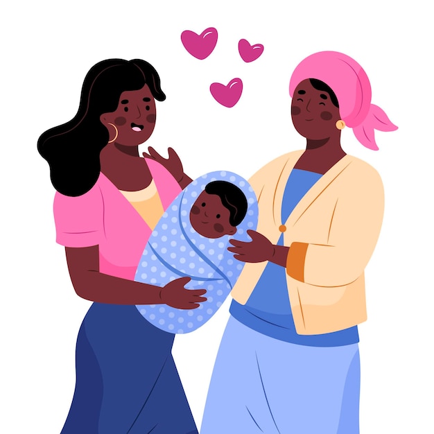 Нарисованная рукой афроамериканская семья с младенцем