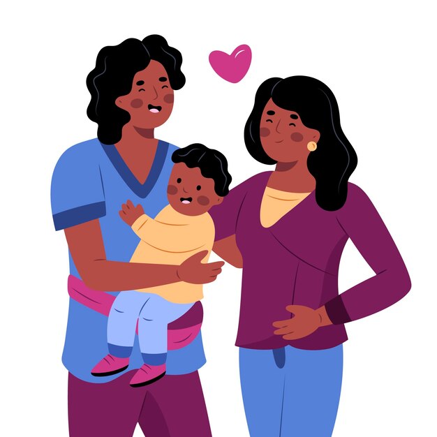 赤ちゃんと手描きのアフリカ系アメリカ人の家族