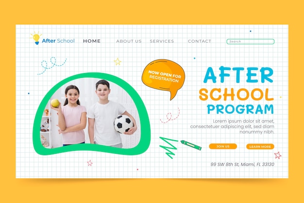 Free vector hand drawn after-school activities for children landing page template