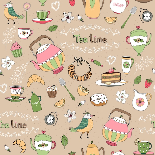 Hand drawn afternoon tea seamless background pattern with teapots