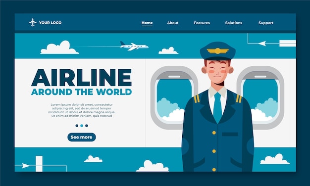 無料ベクター 手描きの航空会社のランディングページ