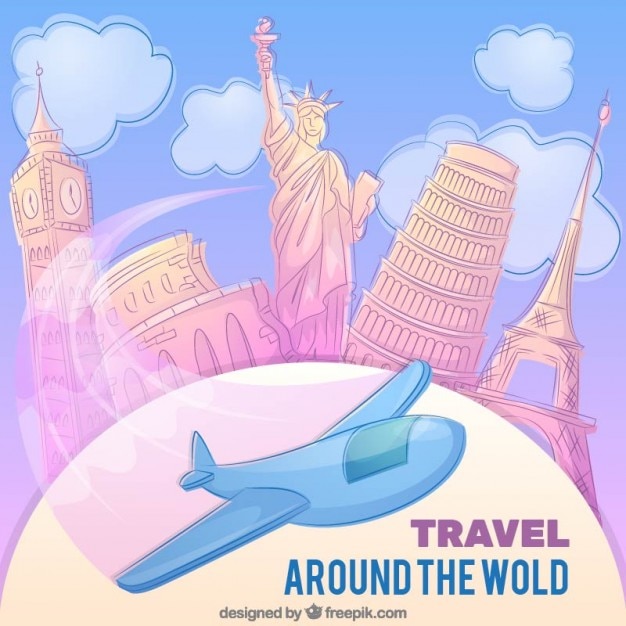 Free vector hand drawn airplane with monuments background