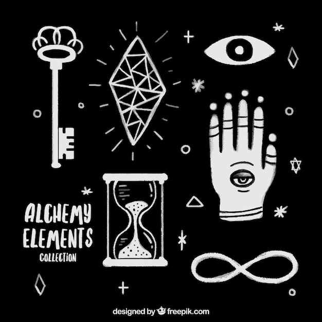 Free vector hand drawn alchemy accessories and symbols set