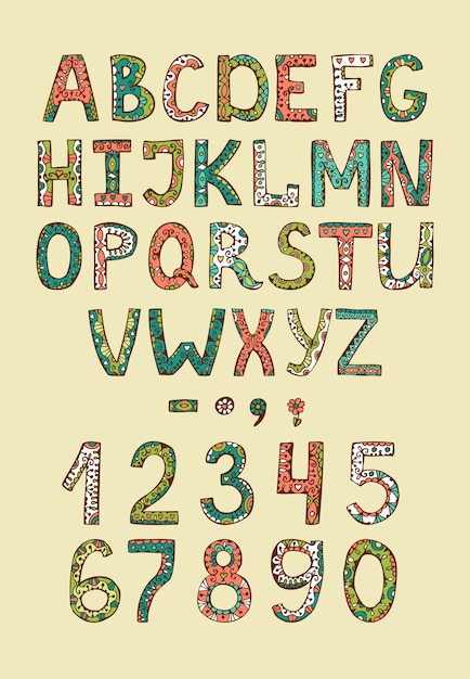 Vettore gratuito lettere di abs alfabeto disegnato a mano con ornamento decorativo colorato