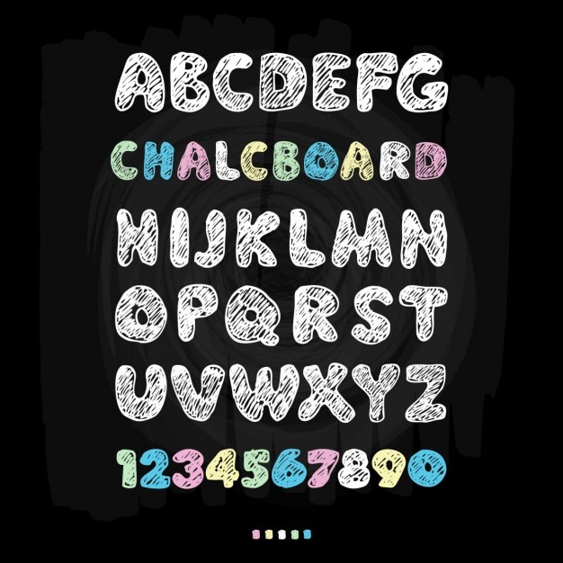 Lavagna carattere mano disegnare alfabeto illustrazione vettoriale su texture di sfondo nero