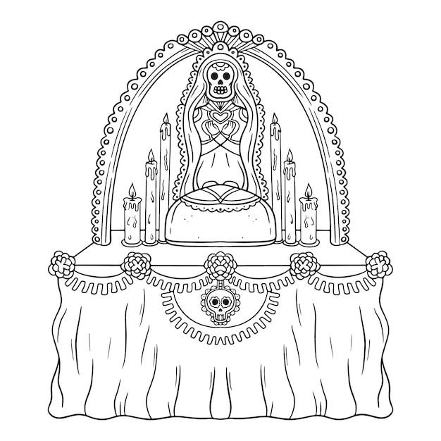 Hand drawn altar de dia de muertos coloring page illustration