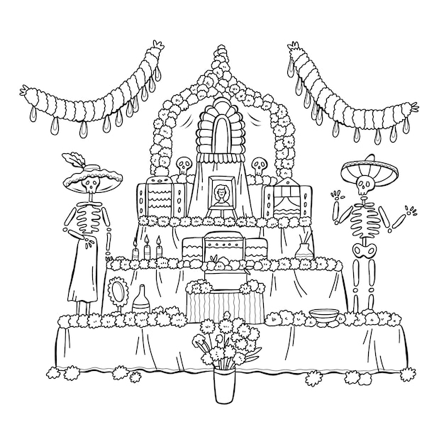 Vettore gratuito illustrazione della pagina da colorare dell'altare de muertos disegnata a mano