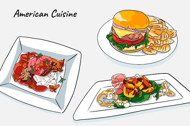 Бесплатное векторное изображение Ручной обращается иллюстрации американской кухни