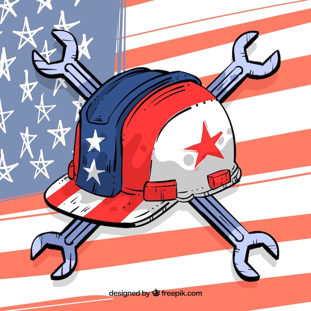 Hand drawn american flag and helmet with wrenches