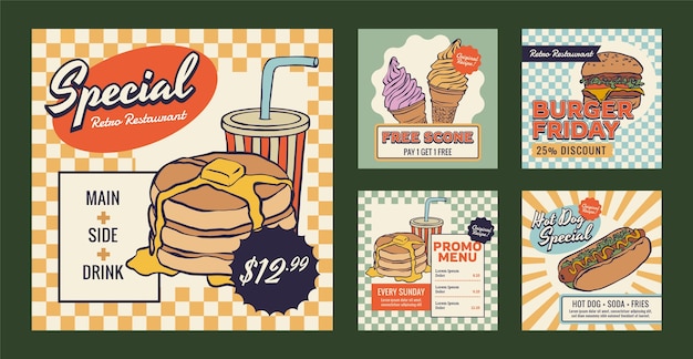 Hand drawn american retro style restaurant instagram posts collection