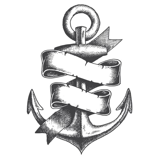 Hand Drawn Anchor with ribbon Monochrome style