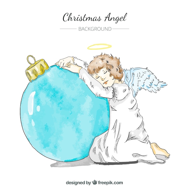 Hand drawn angel background leaning on a christmas ball