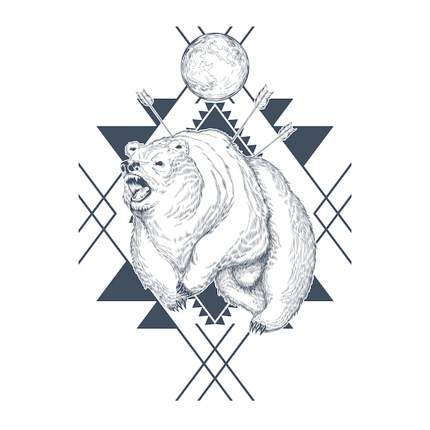 Hand drawn angry bear, planet in abstract geometric shapes, wounded beast by arrows.