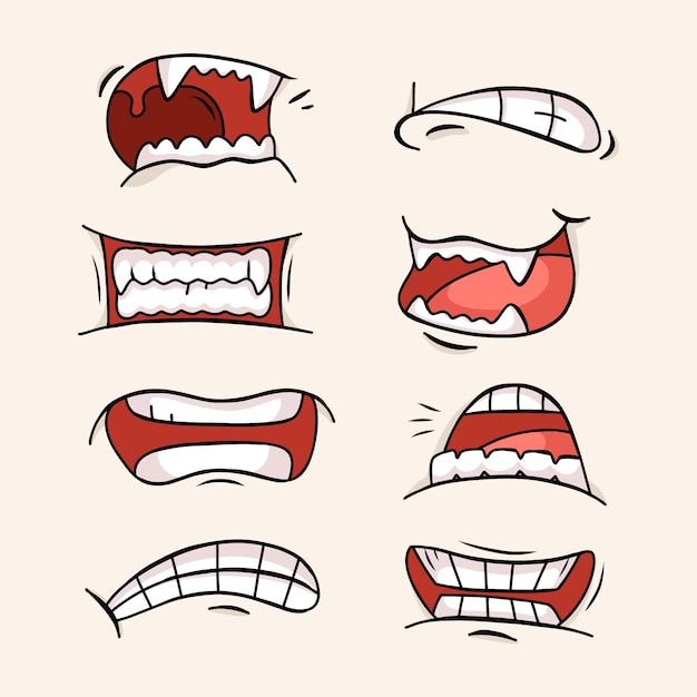 무료 벡터 손으로 그린 화난 입 만화 그림