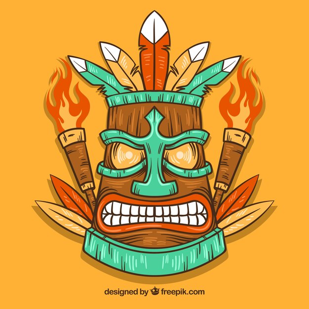 Hand drawn angry tiki mask with torches