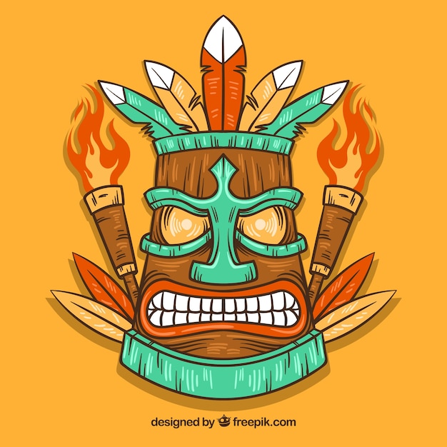 Hand drawn angry tiki mask with torches