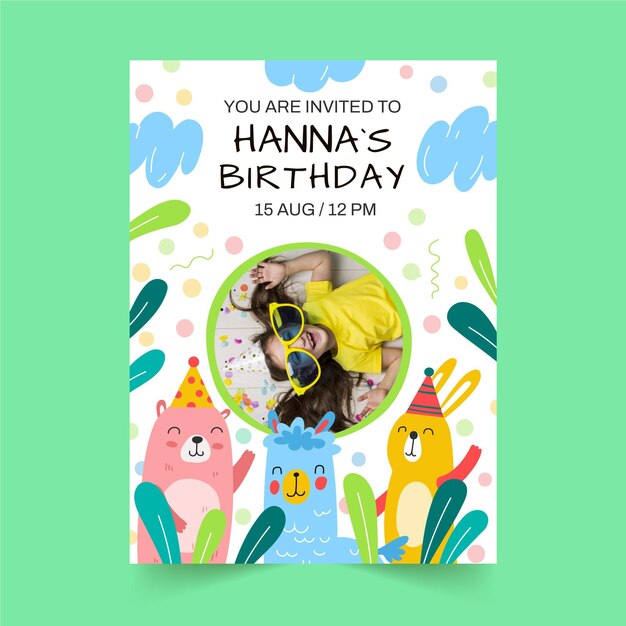 hand drawn animals birthday invitation template with photo