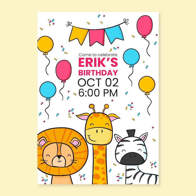 Free vector hand drawn animals birthday invitation