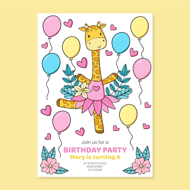 Free vector hand drawn animals birthday invitation