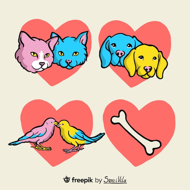 Free vector hand drawn animals in hearts set