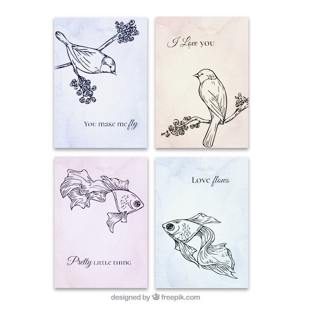 Hand drawn animals love cards set