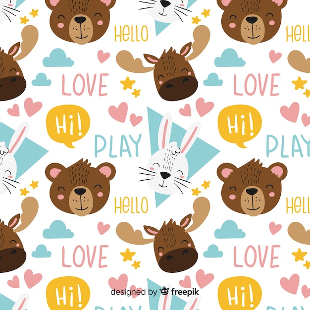 Free vector hand drawn animals and words pattern