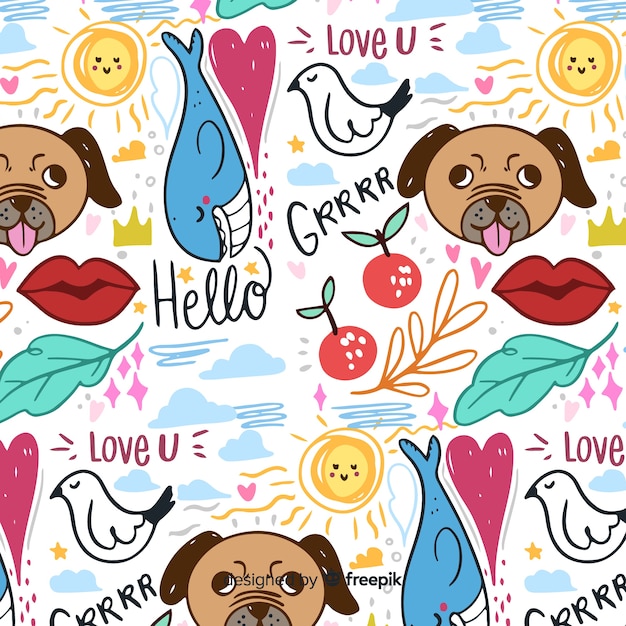 Free vector hand drawn animals and words pattern