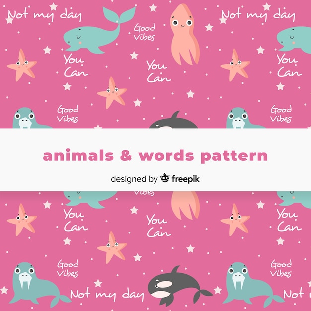 Free vector hand drawn animals and words pattern