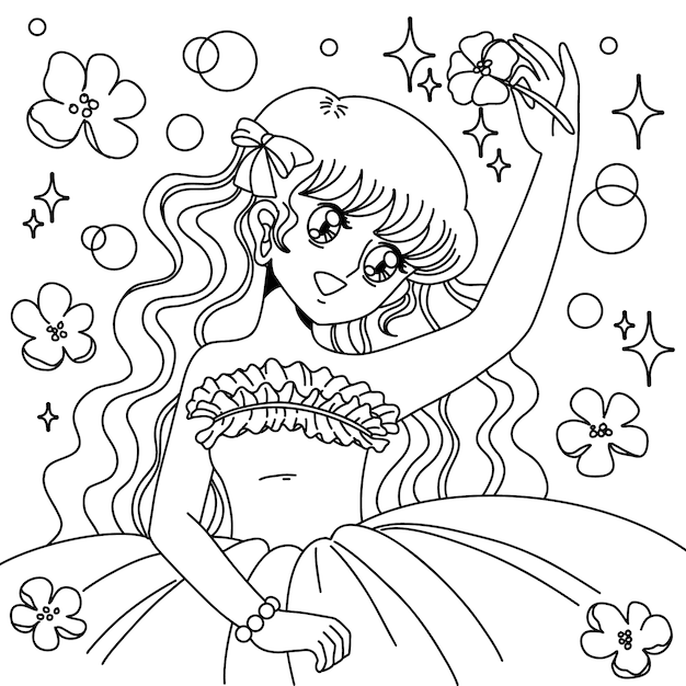 Hand drawn anime coloring pages illustration