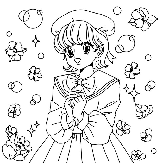 Hand drawn anime coloring pages illustration