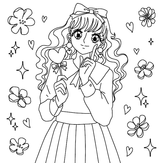 Hand drawn anime coloring pages illustration