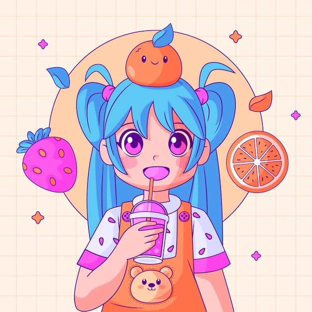 Vettore gratuito illustrazione disegnata a mano di anime kawaii