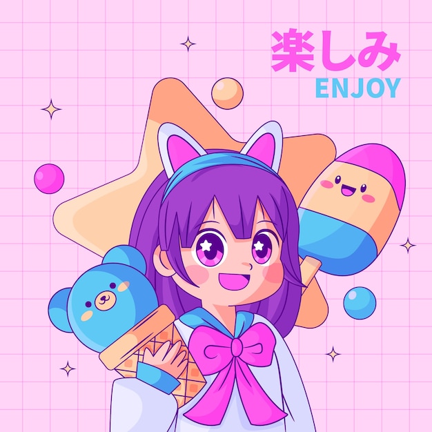 Vettore gratuito illustrazione disegnata a mano di anime kawaii