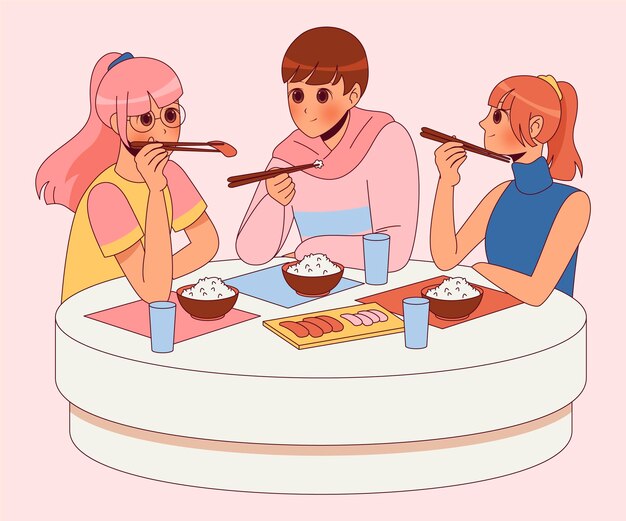 Hand drawn anime people eating in a restaurant