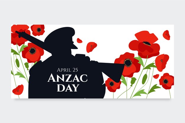 Vettore gratuito schema di striscione orizzontale disegnato a mano per il giorno di anzac con la silhouette di un soldato