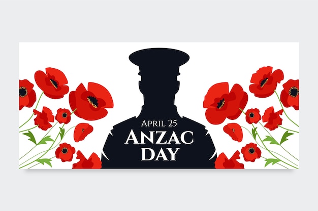 Free vector hand drawn anzac day horizontal banner template with soldier silhouette