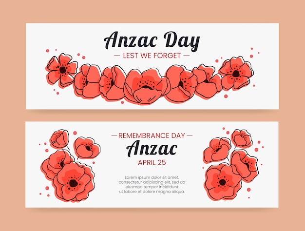 Set di banner orizzontali disegnati a mano per il giorno anzac