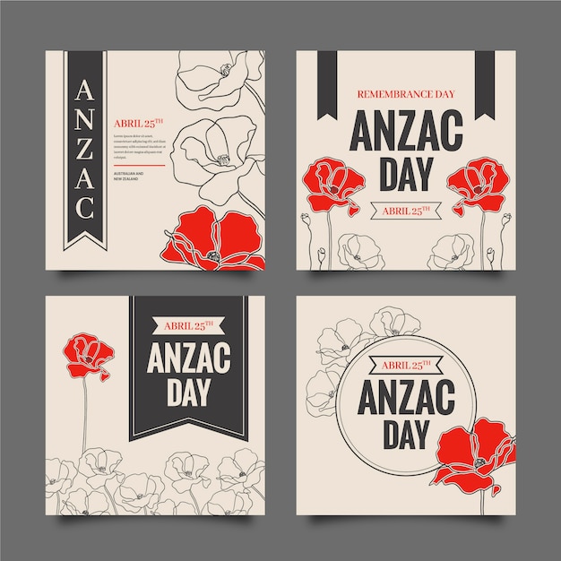 Vettore gratuito collezione di post instagram di anzac day disegnati a mano