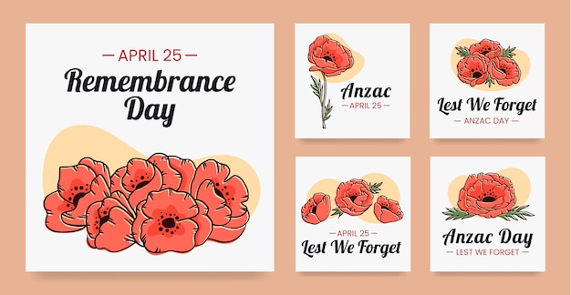 Free vector hand drawn anzac day instagram posts collection