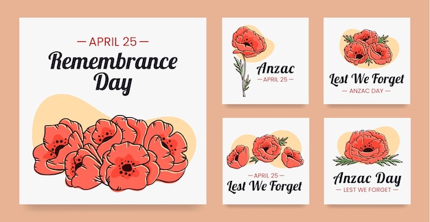 Vettore gratuito collezione di post instagram di anzac day disegnati a mano